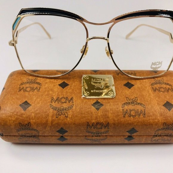 MCM Gold Metal Frame Sunglasses with Black Accents and Light Blue Detail main image 4